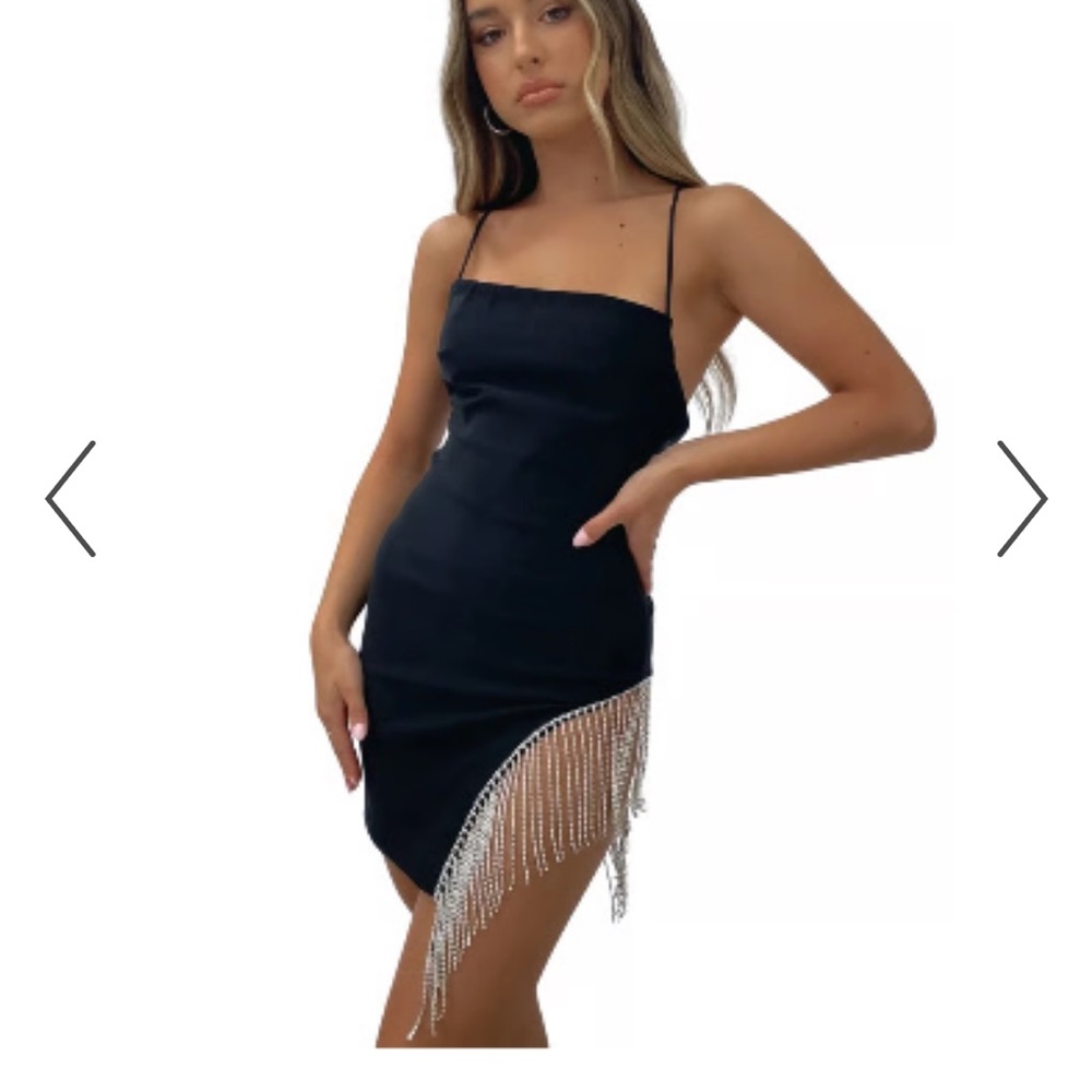 White Fox Boutique Black Mini Dress with Silver Fringe